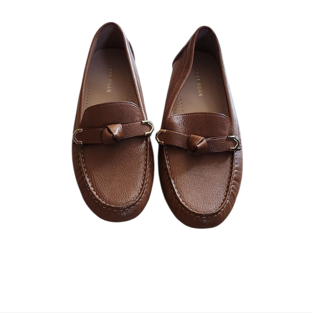 Cole Haan Evelyn Bow Driver Brown Leather Loafers, Pecan, 9
